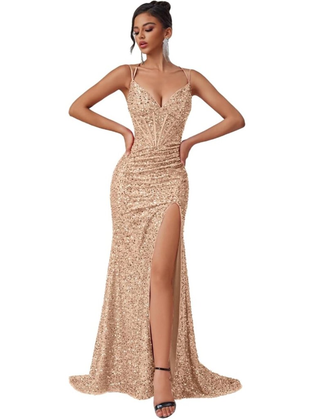 Women's Champagne Elegant Formal Tulle Sleeveless Cocktail Bodycon Maxi Dress